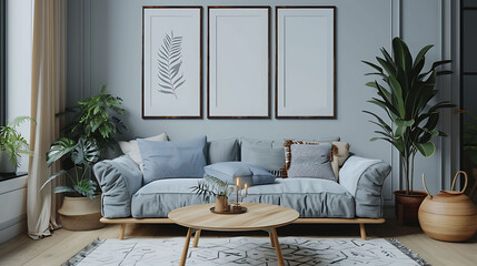 Stylish scandinavian interior of living room with design grey sofa, retro wooden table, mock up...