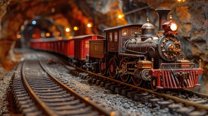 Detailed Miniature Steam Locomotive Traversing through Illuminated Cave Tunnel - obrazy, fototapety, plakaty