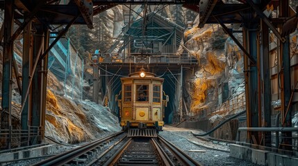 Vintage Minecart Navigating Through an Abandoned Underground Railway Tunnel - obrazy, fototapety, plakaty