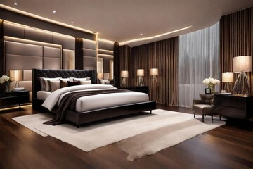Chic bedroom décor with a grand bed and sleek dark wood flooring, Sleek and modern bedroom with spacious bed and dark wood flooring, Sleek and modern bedroom with spacious bed and dark wood flooring.
