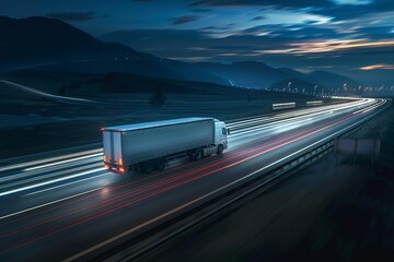 time lapse of trucks driving on highway at night light trails and motion blur illustration - obrazy, fototapety, plakaty