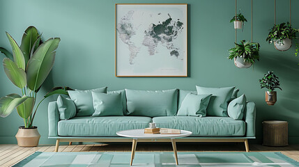Stylish scandinavian living room with design mint sofa, furnitures, mock up poster map, plants and elegant personal accessories, Modern home decor, Open space with dining room, Template Ready to use, 