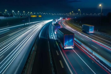 Fototapeta na wymiar timelapse of trucks on a highway at night motion blur light trails transportation