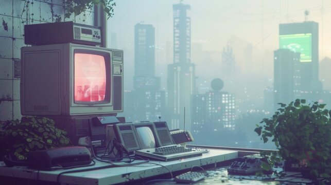 Hazy dreamlike atmosphere with faded images of retro video game characters and pixelated landscapes invoking memories of countless hours spent playing classic games. .