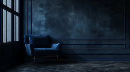 The interior has a dark blue armchair on empty dark wall background,3D rendering, realistic interior design photography