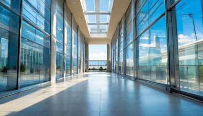 blurred image of a hallway in a city office building with floortoceiling windows, showcasing the reflection of electric blue sky outside