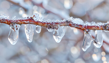 Closeup of ice-covered tree branch with icicles, macro