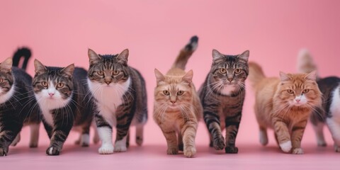 A group of cats walking in a line on pink background. Generative AI.