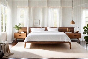 Tranquil bedroom featuring a touch of nature, Serene bedroom with natural elements, Cozy white bedroom with wooden bed and plant.
