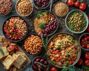A table filled with many different types of beans and bread. Generative AI. - Powered by Adobe