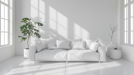 White room with sofa, Scandinavian interior design, 3D illustration, realistic interior design photography