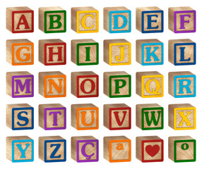 3D render Alphabet on wooden blocks with side view colored with letters for literacy and didactic illustration for schools, children, advertisements and others. 3D imaging. Excellent quality. - obrazy, fototapety, plakaty