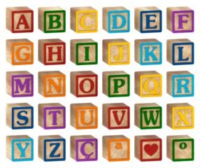 3D render Alphabet on wooden blocks with side view colored with letters for literacy and didactic illustration for schools, children, advertisements and others. 3D imaging. Excellent quality.