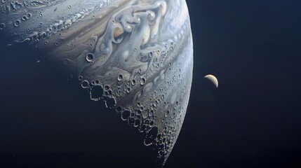 Closeup of a small icy moon orbiting a larger gas giant its surface dotted with impact craters. . - obrazy, fototapety, plakaty