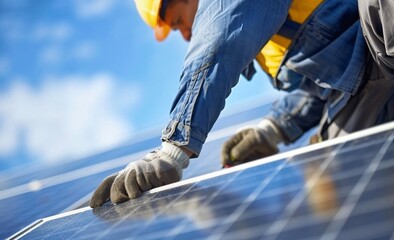 Worker installing solar panels. Renewable energy