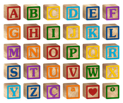 3D render Alphabet on wooden blocks with side view colored with letters for literacy and didactic illustration for schools, children, advertisements and others. 3D imaging. Excellent quality.