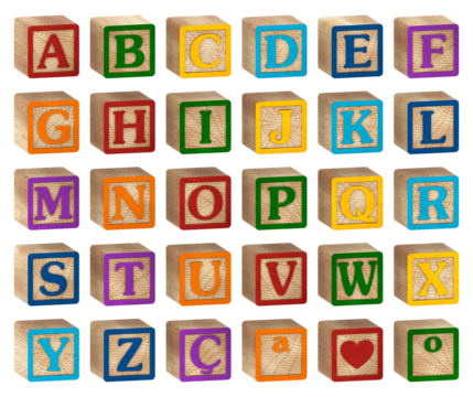 3D render Alphabet on wooden blocks with side view colored with letters for literacy and didactic illustration for schools, children, advertisements and others. 3D imaging. Excellent quality.