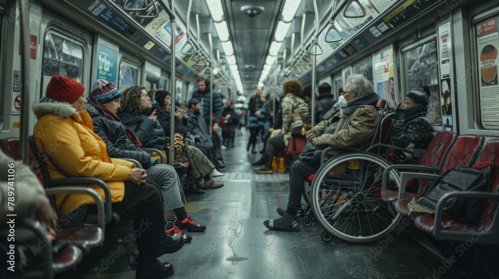 Poster A group of people sitting on a  train with some standing. Generative AI.