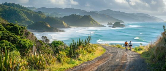 Two people riding bikes on a dirt road near the ocean. Generative AI.