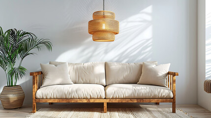 Wicker chandelier above wooden Scandinavian sofa with futon in bright living room interior, realistic interior design photography