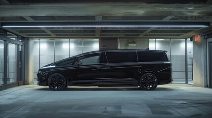 Sleek and Powerful Luxury Vehicle Parked in Modern Garage with Reflective Surfaces - obrazy, fototapety, plakaty