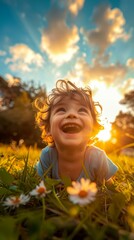 A child is smiling in the grass with flowers around him. Generative AI.