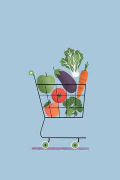 Illustration of trolley with vegetables and fruits on blue background