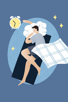 Sleeping man laying on cloud shaped pillow with alarm clock aside