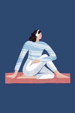 Carefree female in headphones stretching back in ardha matsyendrasana