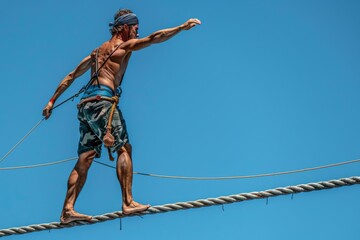 A man walking on a rope with his hands outstretched. Generative AI.