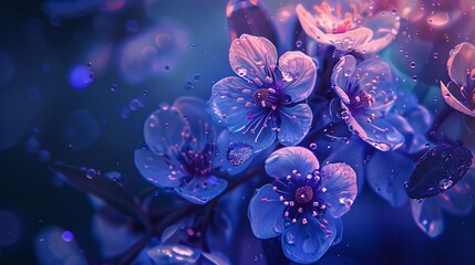 A scientific study setting with Manuka flowers under an ultraviolet microscope, detailed imagery showing the intricate structures that glow - obrazy, fototapety, plakaty