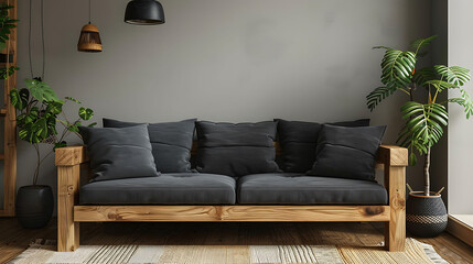 Wooden sofa with dark pillows in scandi style living room, realistic interior design photography