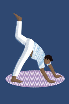 African american male trying yoga lessons and raising leg in air