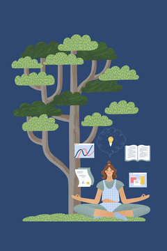 Female sitting in lotus position by tree and thinking about work