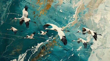 Fototapeta premium A sweeping aerial view of a flock of whooping cranes soaring high above North American landscapes, dodging obstacles like power lines