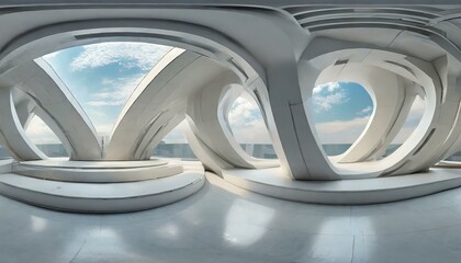 Futuristic white building interior in 360 degree VR style