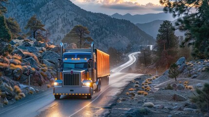 Rugged Mountain Road Traverse with Cargo Truck Navigating Snowy Landscape