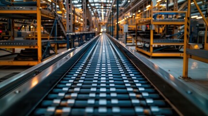 Highly Detailed Conveyor Belt in Modern Industrial Warehouse Facilitating Efficient Cargo Transport and Inventory Management