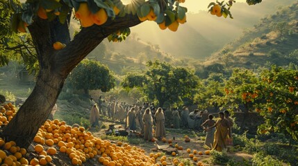 A group of people standing around a tree with oranges on it. Generative AI. - Powered by Adobe