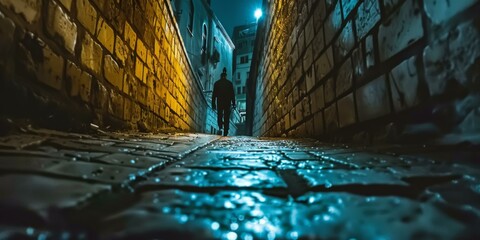 A person walking down a dark alleyway at night. Generative AI. - Powered by Adobe