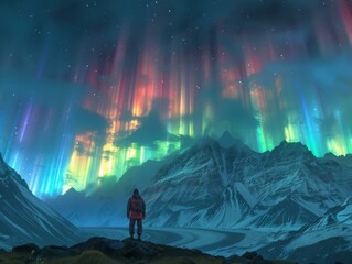 A person standing in front of a mountain with colorful northern lights. Generative AI.