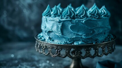 A blue frosted cake on a silver platter with swirls. Generative AI.