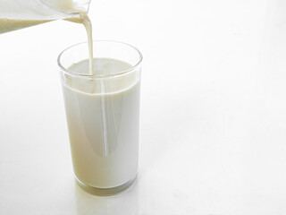 Milk in Glass on white Background Pouring Fress Soi Milk for Drink, Ingredient Hight Protein, Organic Food Dairy