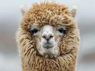 Schilderijen op glas A close up of a llama with its face covered in fur. Generative AI. © serg3d