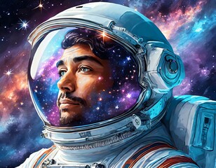 Astronaut in space with stars, a galaxy, a purple and blue nebula, and galaxies reflected in his...