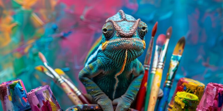 A chamelon lizard sitting in a bowl of paint with brushes. Generative AI.
