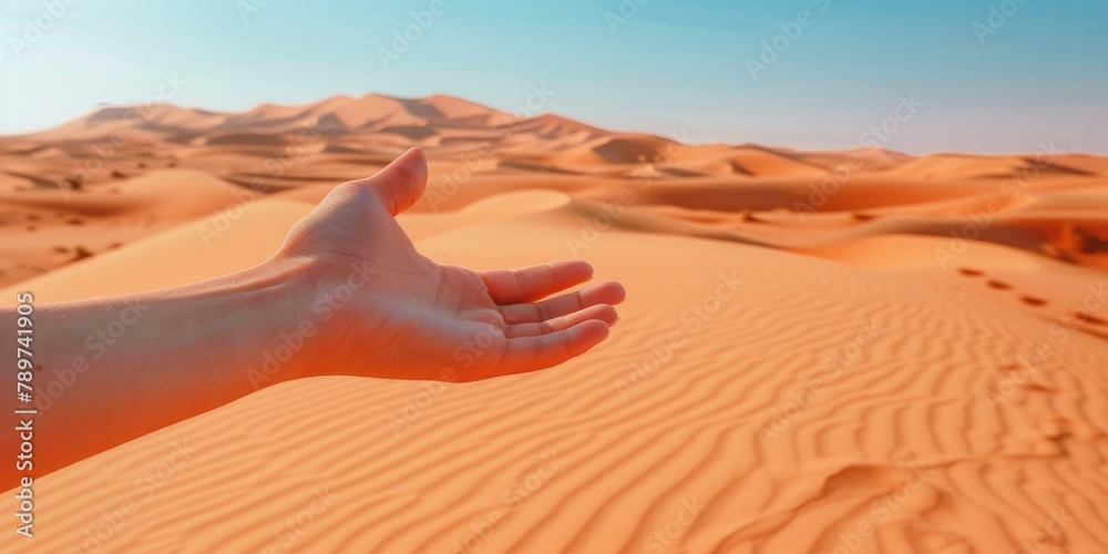 Wall mural A person reaching out to the sand dunes in a desert. Generative AI.