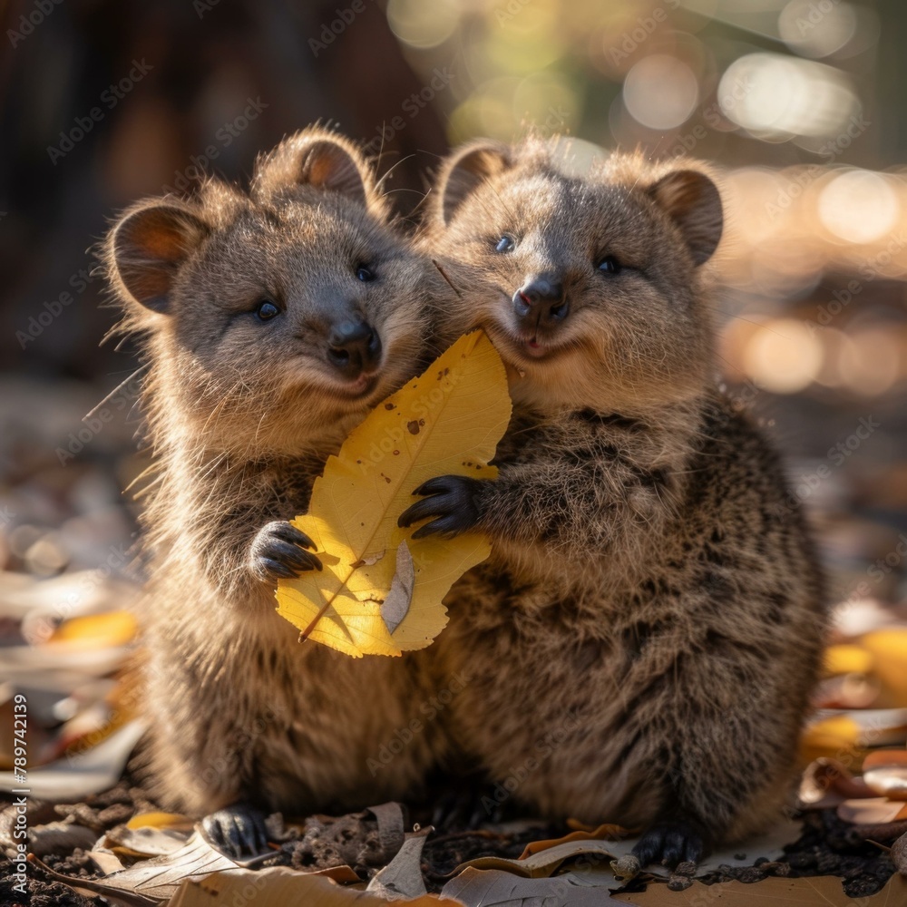 Wall mural Two small animals holding a leaf in their mouths. Generative AI.