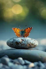 A butterfly sitting on top of a rock in the middle of some rocks. Generative AI.