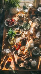 A table with a variety of food on it and some herbs. Generative AI.